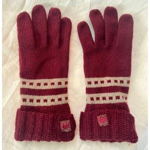 VTG Anne Klein Embroidered Lion Leather Palm Burgundy Striped Knit Winter Gloves
